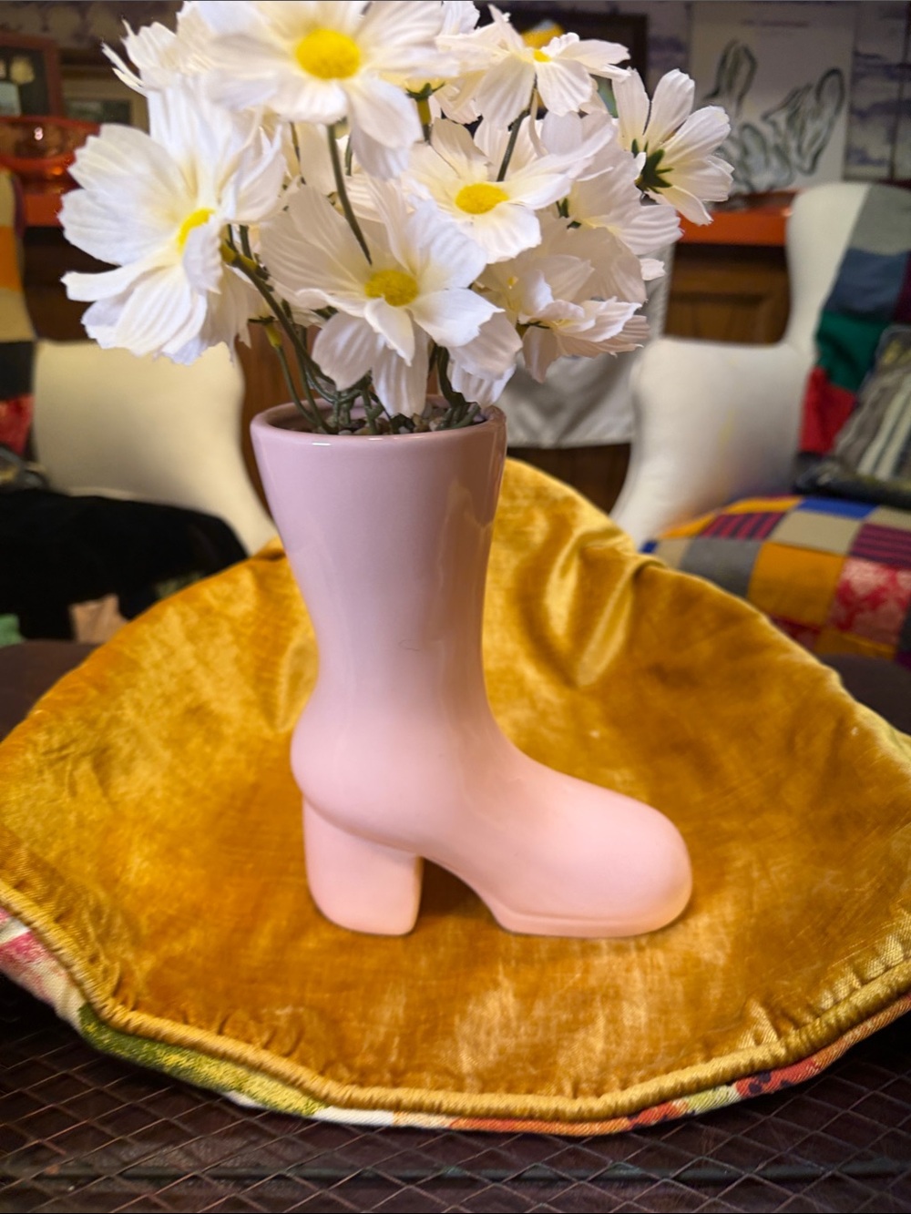 Pink Block-Heel Boot Vase with Daisy Faux Floral Arrangement